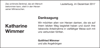 Traueranzeige von Katharine Wimmer von Schwäbische Post