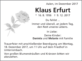 Traueranzeige von Klaus Erfurt von Schwäbische Post