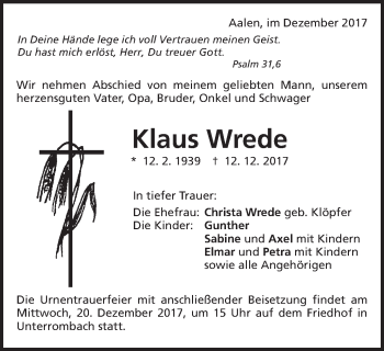 Traueranzeige von Klaus Wrede von Schwäbische Post