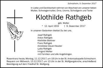 Traueranzeige von Klothilde Rathgeb von Schwäbische Post