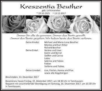Traueranzeige von Kreszentia Beuther von Schwäbische Post