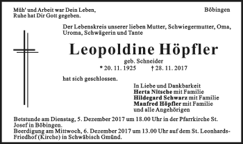 Traueranzeige von Leopoldine Höpfler von Gmünder Tagespost