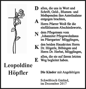 Traueranzeige von Leopoldine Höpfler von Gmünder Tagespost