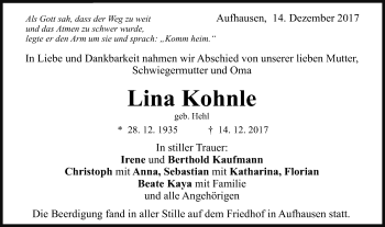 Traueranzeige von Lina Kohnle von Schwäbische Post