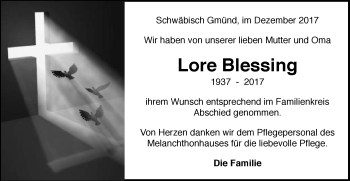 Traueranzeige von Lore Blessing von Gmünder Tagespost