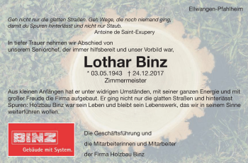 Traueranzeige von Lothar Binz von Schwäbische Post