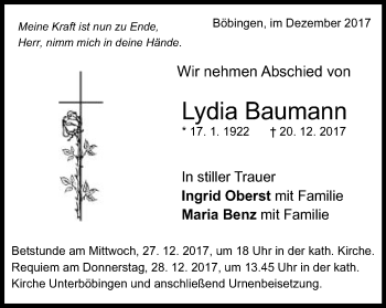 Traueranzeige von Lydia Baumann von Gmünder Tagespost