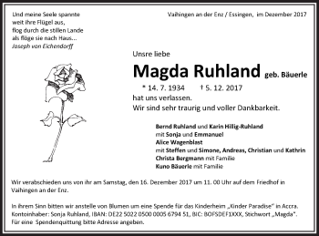Traueranzeige von Magda Ruhland von Schwäbische Post
