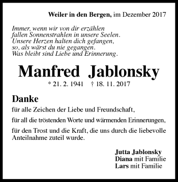 Traueranzeige von Manfred Jablonsky von Gmünder Tagespost