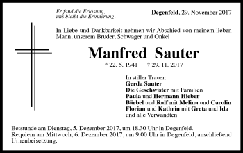 Traueranzeige von Manfred Sauter von Gmünder Tagespost