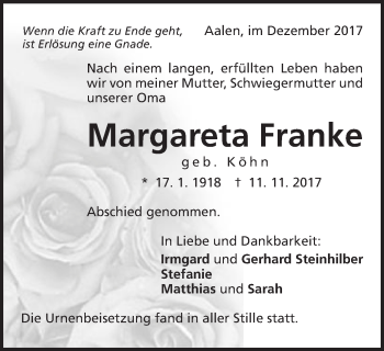 Traueranzeige von Margareta Franke von Schwäbische Post