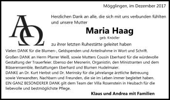 Traueranzeige von Maria Haag von Gmünder Tagespost
