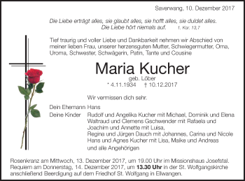 Traueranzeige von Maria Kucher von Schwäbische Post
