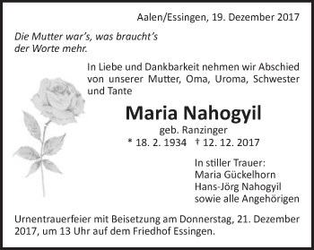 Traueranzeige von Maria Nahogyil von Schwäbische Post