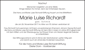 Traueranzeige von Marie Luise Richardt von Schwäbische Post