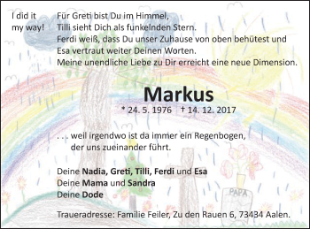 Traueranzeige von Markus Feiler von Schwäbische Post
