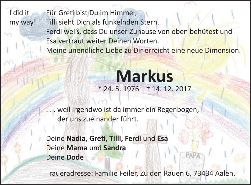  Traueranzeige für Markus Feiler vom 21.12.2017 aus Schwäbische Post