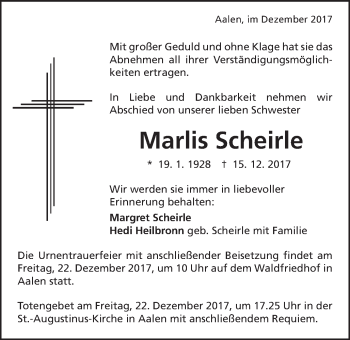 Traueranzeige von Marlies Scheirle von Schwäbische Post