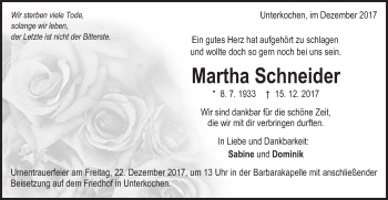 Traueranzeige von Martha Schneider von Schwäbische Post
