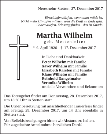 Traueranzeige von Martha Wilhelm von Schwäbische Post