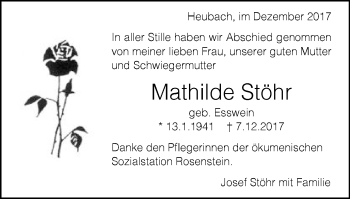 Traueranzeige von Mathilde Stöhr von Gmünder Tagespost