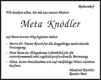 Traueranzeige von Meta Knödler von Gmünder Tagespost