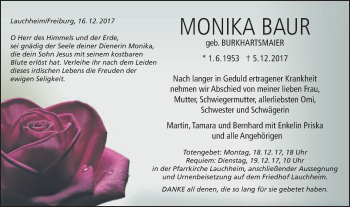 Traueranzeige von Monika Baur von Schwäbische Post