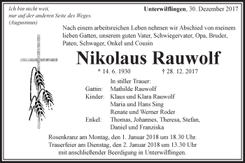 Traueranzeige von Nikolaus Rauwolf von Schwäbische Post