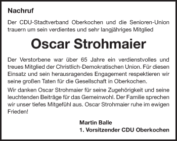 Traueranzeige von Oscar Strohmaier von Amtsblatt_Oko