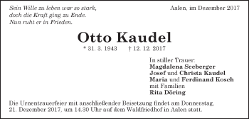 Traueranzeige von Otto Kaudel von Schwäbische Post