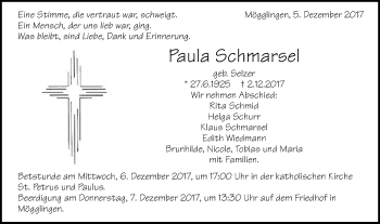 Traueranzeige von Paula Schmarsel von Gmünder Tagespost