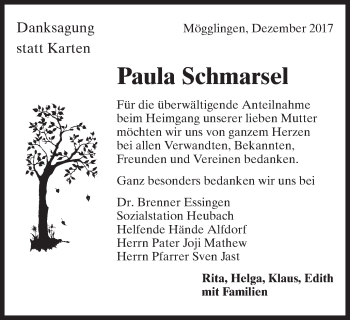 Traueranzeige von Paula Schmarsel von Schwäbische Post