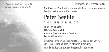 Traueranzeige von Peter Seeßle von Schwäbische Post