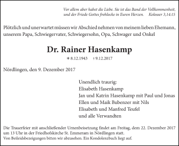Traueranzeige von Rainer Hasenkamp von Schwäbische Post