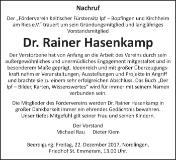 Traueranzeige von Rainer Hasenkamp von Bopfinger Stadtanzeiger