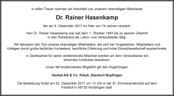 Traueranzeige von Rainer Hasenkamp von Schwäbische Post