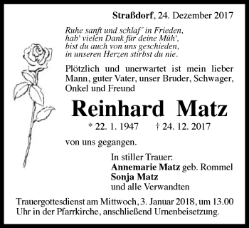 Traueranzeige von Reinhard Matz von Gmünder Tagespost