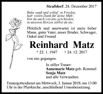 Traueranzeige von Reinhard Matz