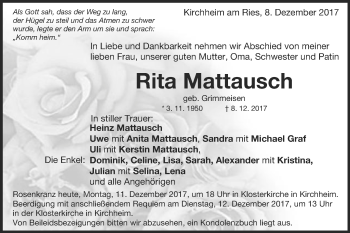Traueranzeige von Rita Mattausch von Schwäbische Post