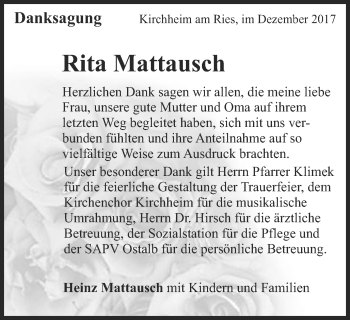 Traueranzeige von Rita Mattausch von Schwäbische Post