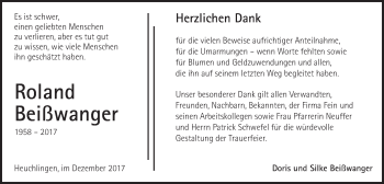 Traueranzeige von Roland Beißwanger von Gmünder Tagespost