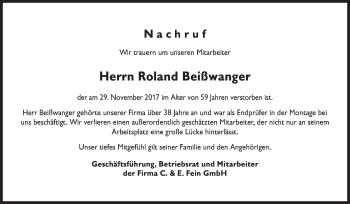 Traueranzeige von Roland Beißwanger von Gmünder Tagespost