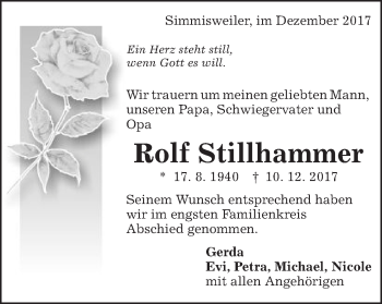 Traueranzeige von Rolf Stillhammer von Schwäbische Post