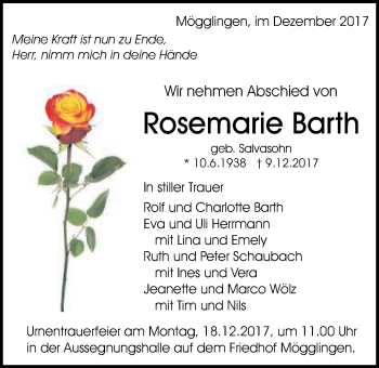 Traueranzeige von Rosemarie Barth von Gmünder Tagespost