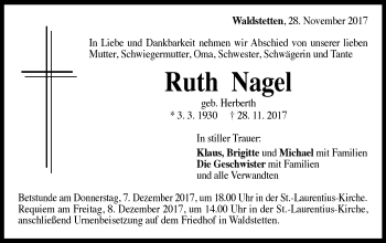 Traueranzeige von Ruth Nagel  von Gmünder Tagespost