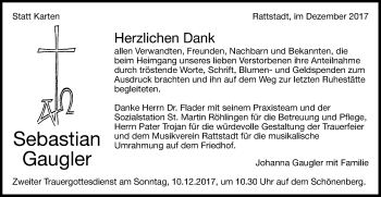 Traueranzeige von Sebastian Gaugler von Schwäbische Post