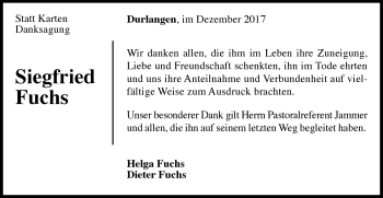 Traueranzeige von Siegfried Fuchs von Gmünder Tagespost