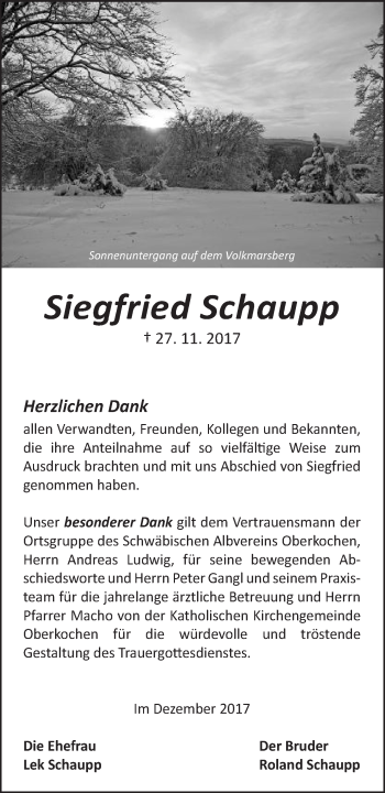 Traueranzeige von Siegfried Schaupp von Amtsblatt_Oko