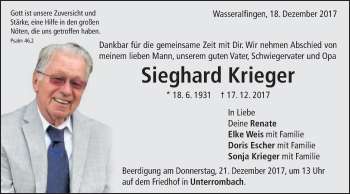 Traueranzeige von Sieghard Krieger von Schwäbische Post