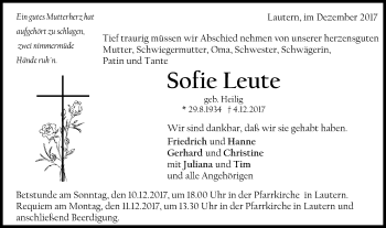 Traueranzeige von Sofie Leute von Gmünder Tagespost